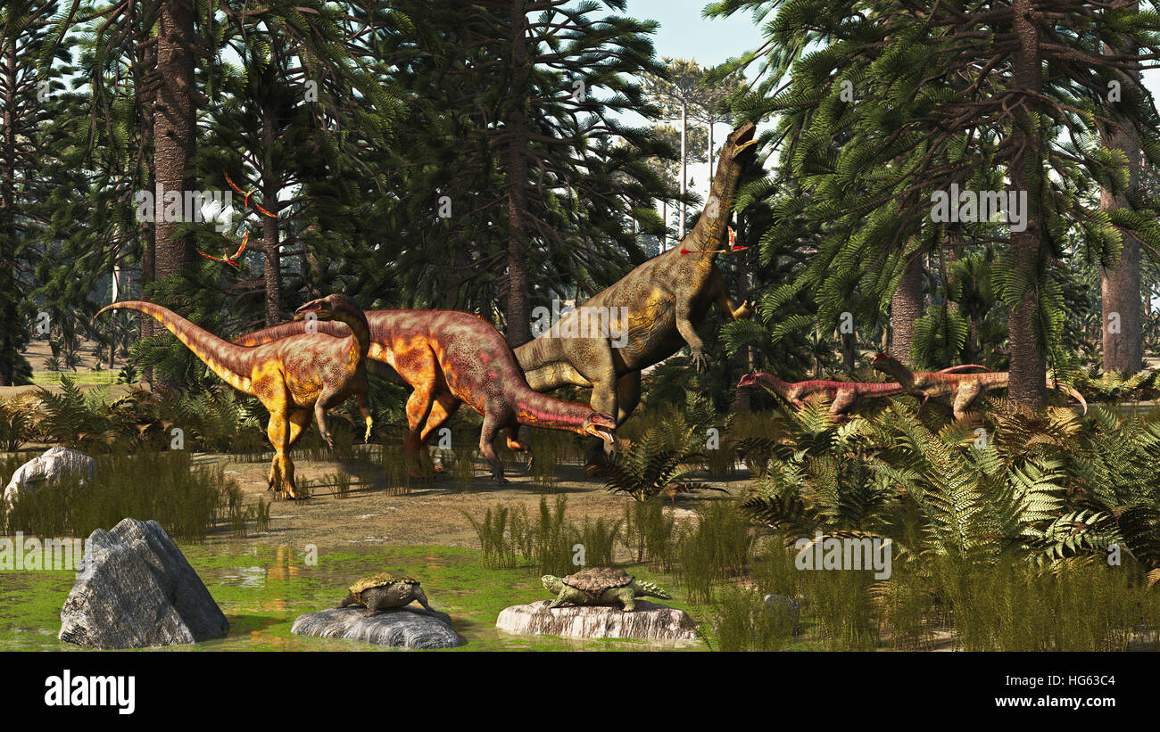 Un tardo Triassico scena con Plateosaurus e Liliensternus dinosauri. Foto Stock