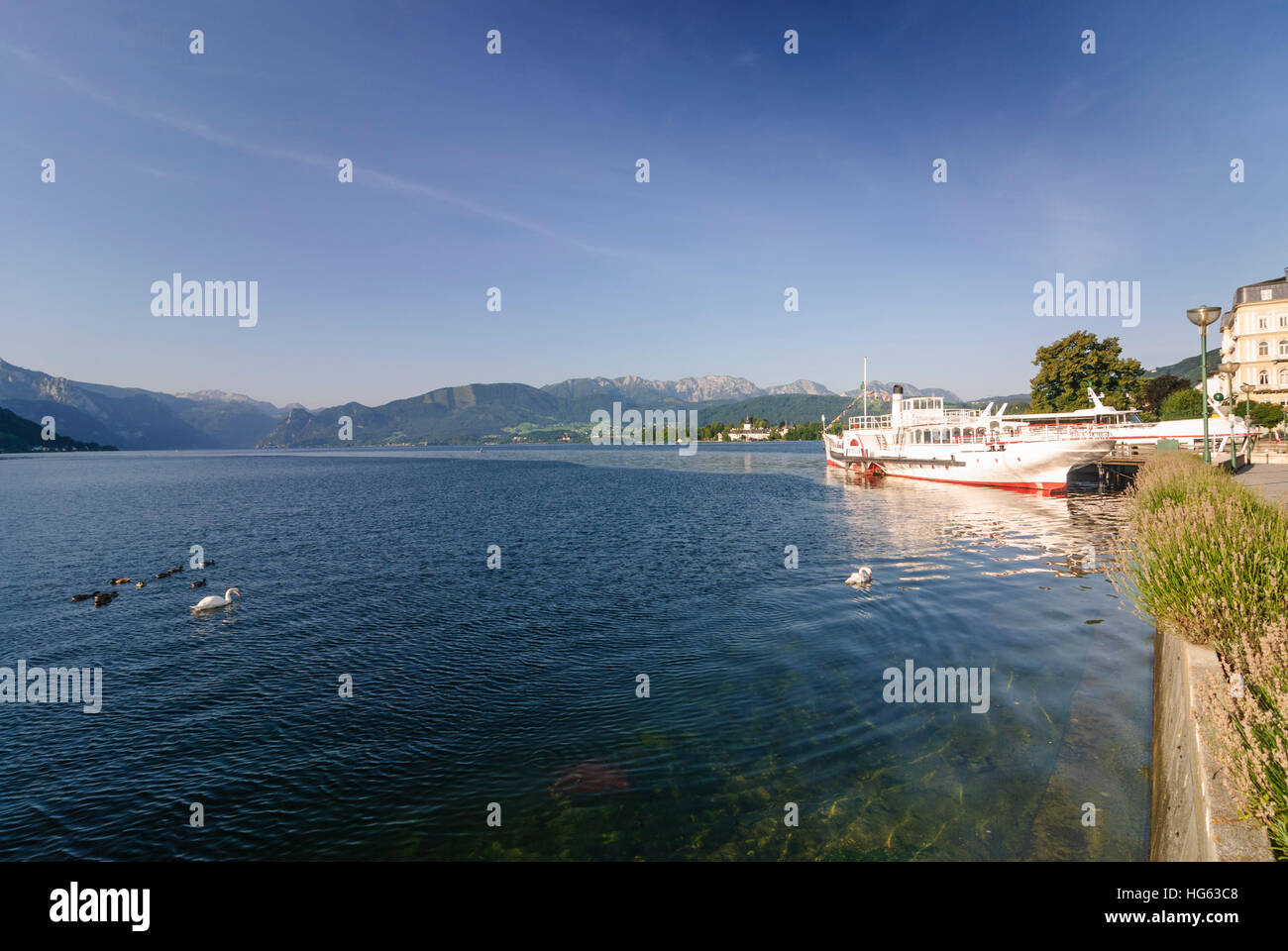 Gmunden: il lago Traunsee con il lago-castello Ort (centro) e la pala ruota-sistema di cottura a vapore "Gisela', Salzkammergut, Oberösterreich, Austria superiore, Austria Foto Stock