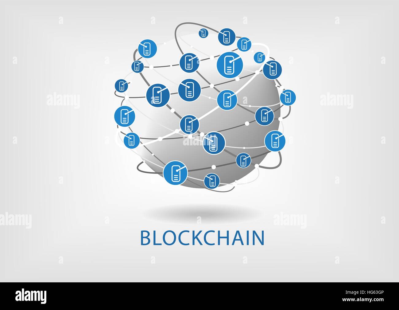 Blockchain illustrazione vettoriale con globo collegato su sfondo grigio chiaro Illustrazione Vettoriale