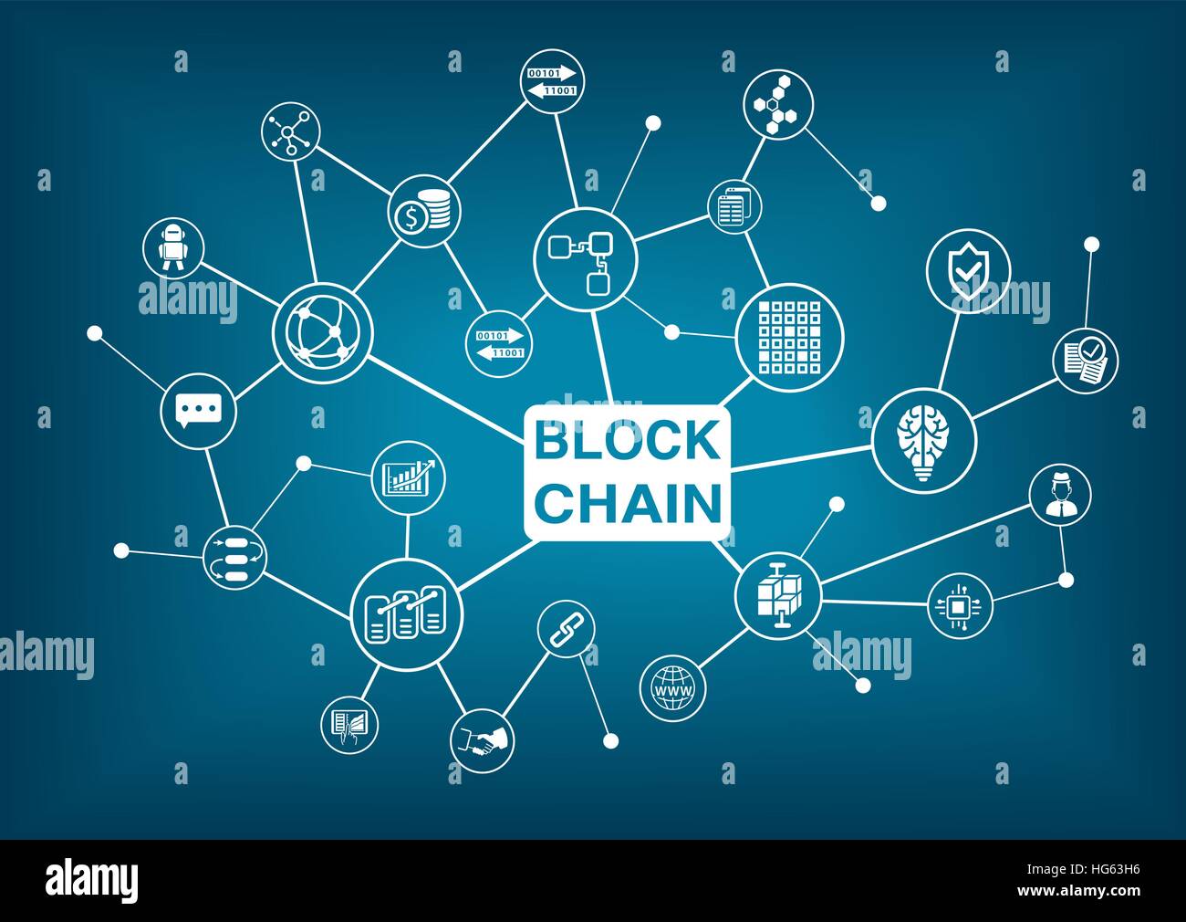 Parola Blockchain con icone come illustrazione vettoriale Illustrazione Vettoriale