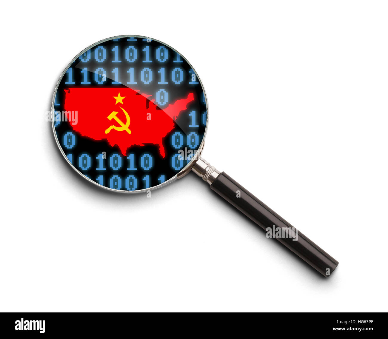 Russo attacco Hack su usa la lente di ingrandimento isolato su uno sfondo bianco. Foto Stock