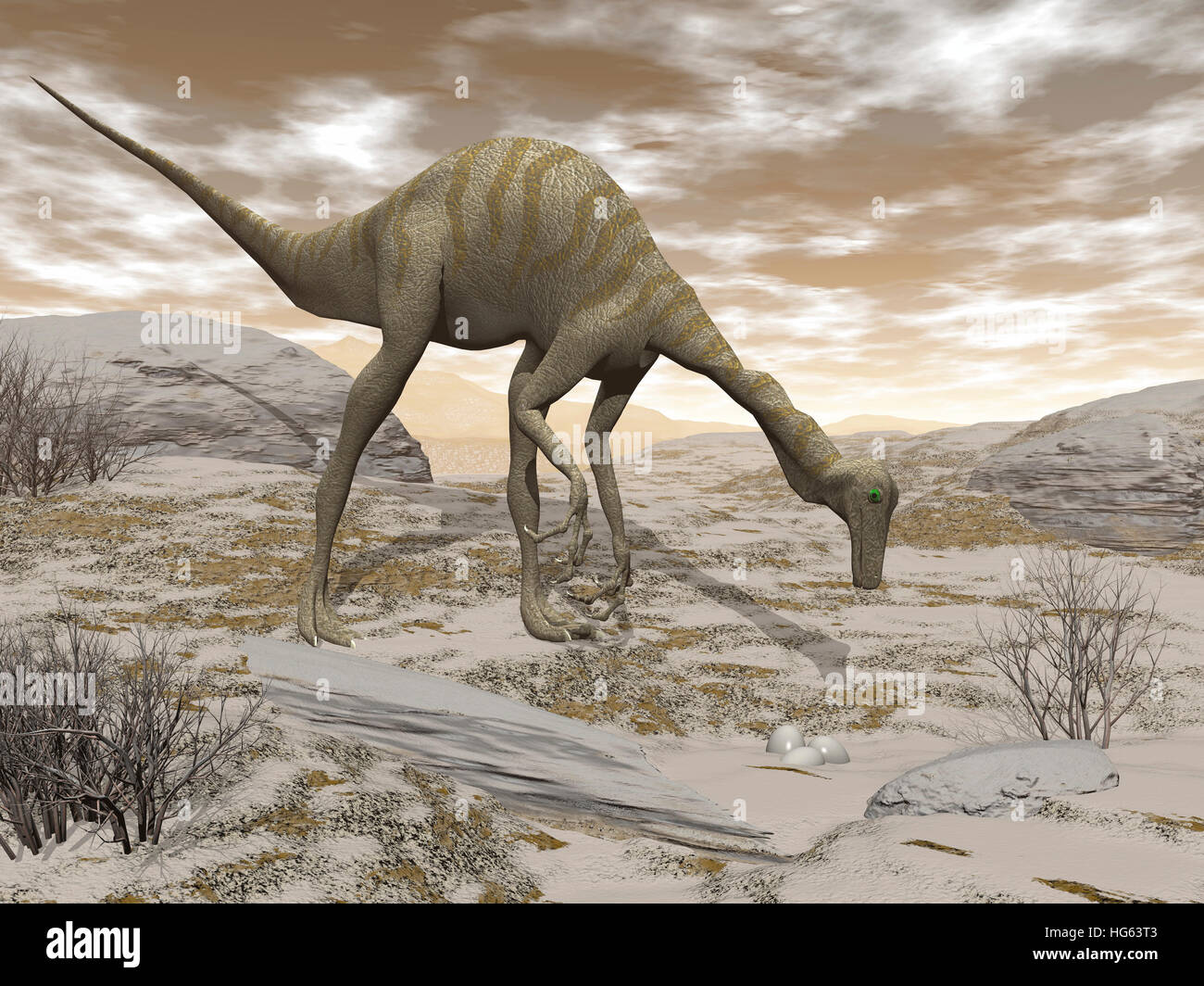 Gallimimus dinosaur scoprendo le uova nel deserto. Foto Stock