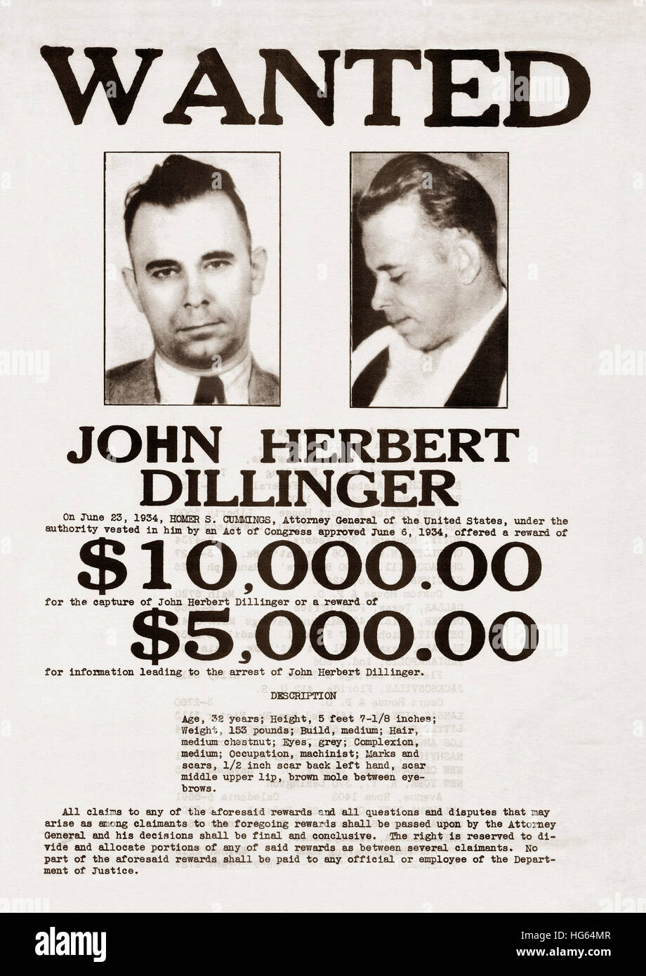 Un John Dillinger manifesto wanted. Foto Stock