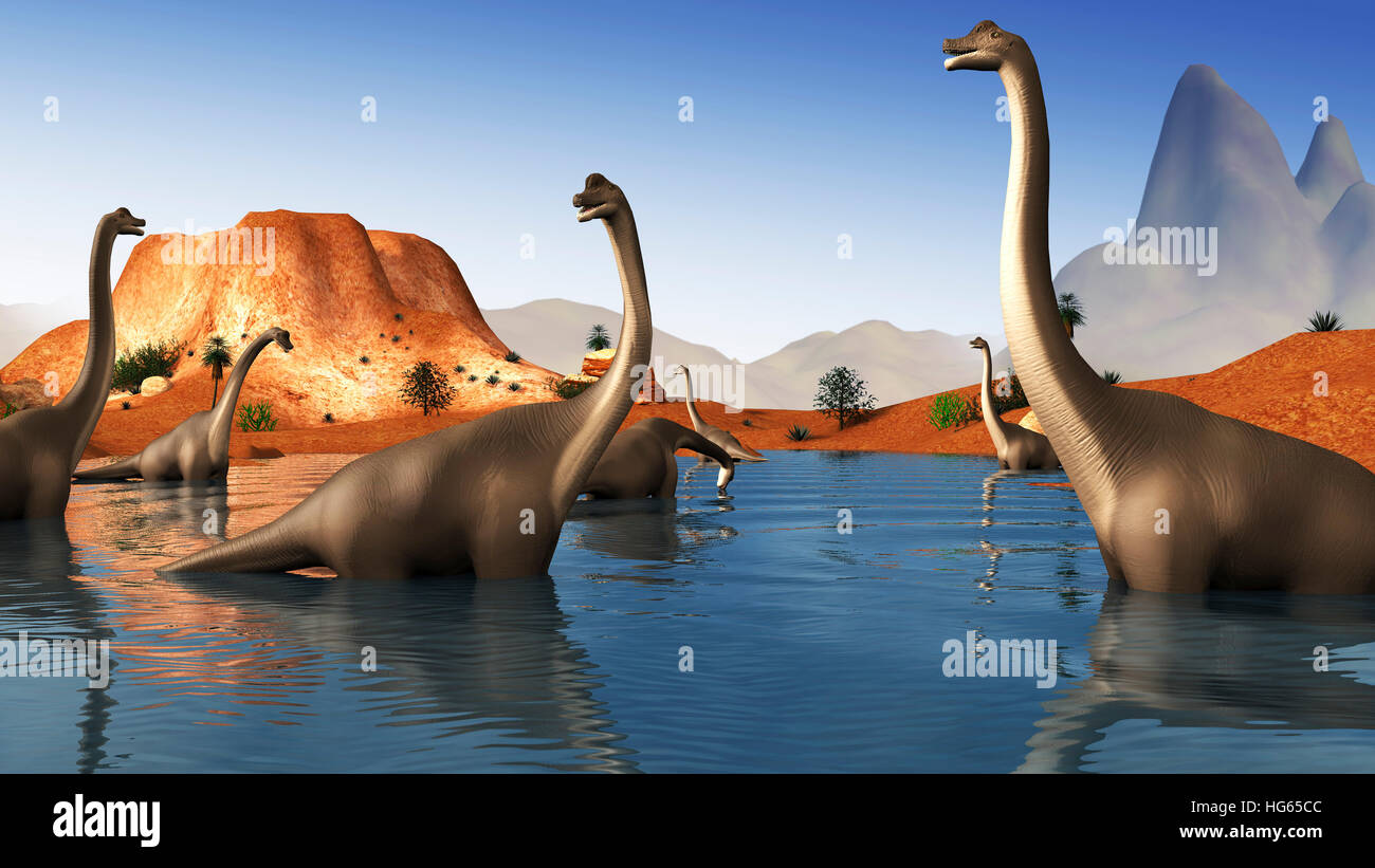Brachiosaurus dinosauri pascolano in un lago preistorico. Foto Stock