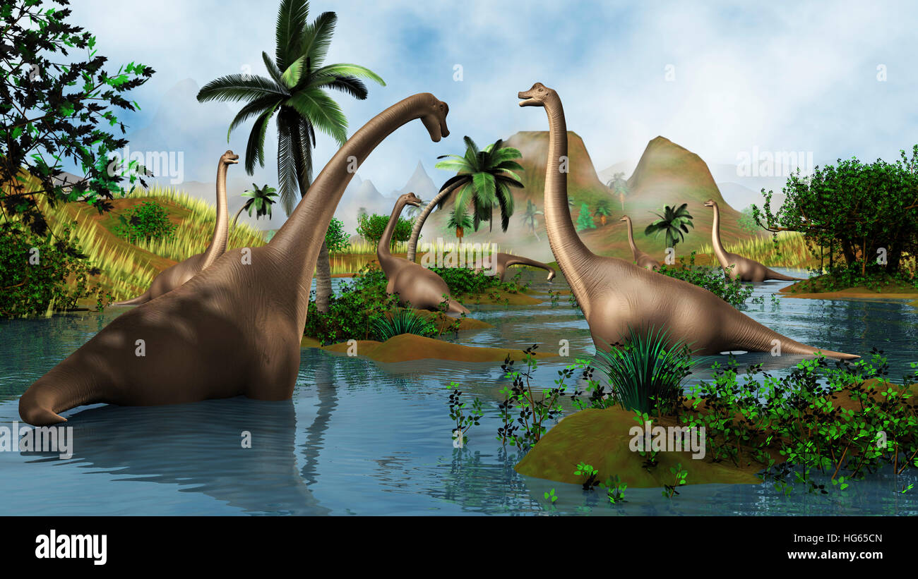 Brachiosaurus dinosauri pascolano in un ambiente preistorico. Foto Stock