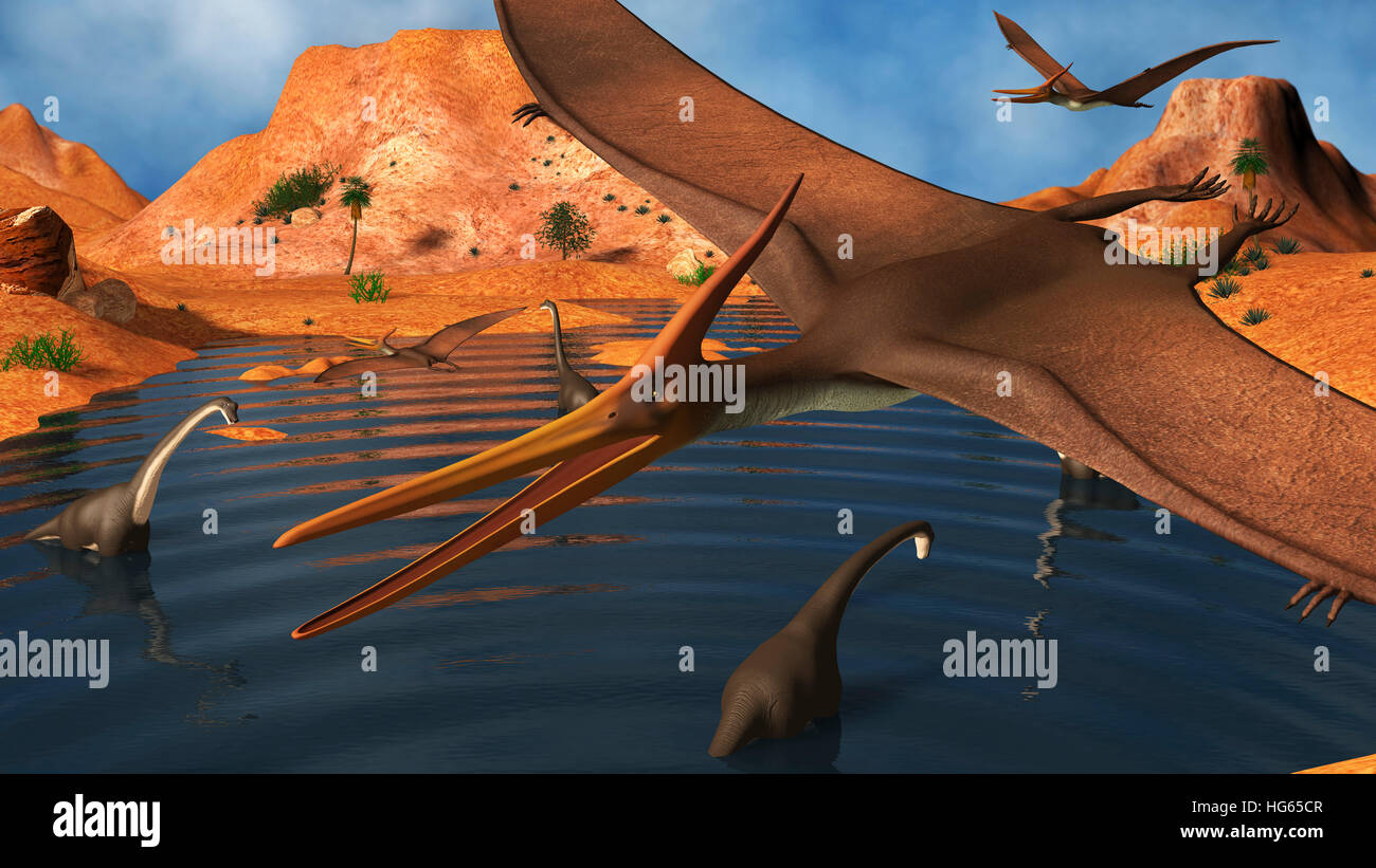 Pteranodon rettili volando sopra un gruppo di Brachiosaurus dinosauri. Foto Stock