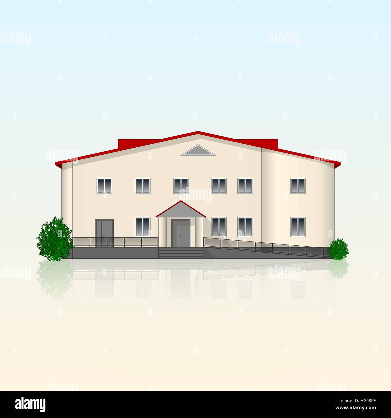 Realistico separatamente ufficio permanente edificio con beige fronte intonacata e di riflessione. Luminosa facciata contemporanea con rampa e cespugli. Illustrazione Vettoriale. Illustrazione Vettoriale