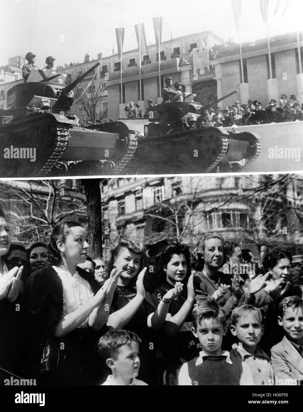 L'immagine della propaganda nazista mostra la parata militare in onore del terzo anniversario della vittoria delle truppe francos nella guerra civile spagnola a Madrid, Spagna, aprile 1942. L'immagine in alto mostra le forze del carro armato che stanno passando la tribuna del Caudillo (al centro dell'immagine) e l'immagine in basso mostra le giovani donne spagnole applaudenti. Fotoarchiv für Zeitgeschichtee - NESSUN SERVIZIO DI CABLAGGIO - | utilizzo in tutto il mondo Foto Stock