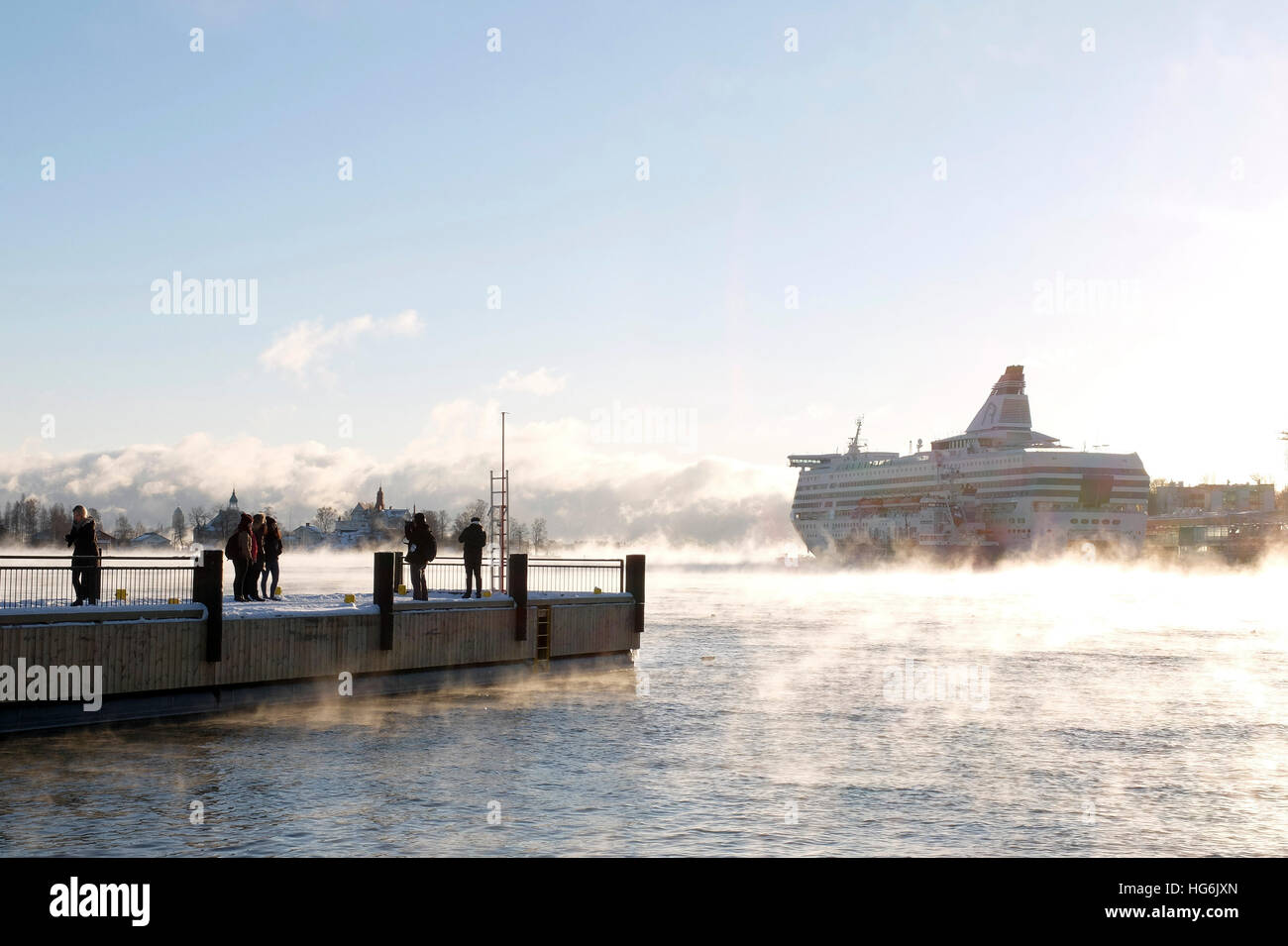 (170106) -- HELSINKI, Gennaio 6, 2017 (Xinhua) -- mare fumo è visto a sud del porto di Helsinki, Finlandia, 5 gennaio 2017. Nei primi giorni del nuovo anno la Finlandia ha riscontrato un calo improvviso a temperature invernali. Le autorità hanno dato "frost avvisi' per ricordare i residenti per mantenere caldo e per evitare rischi di impatto sulla salute. Nella città capitale di Helsinki, situato nella costa sud zona, la temperatura è scesa a meno di meno 19 gradi Celsius inizio venerdì, mentre in Muonio, northwestern Lapponia, la temperatura era meno 40 gradi Celsius giovedì. (Xinhua/Sergei Stepanov) Foto Stock