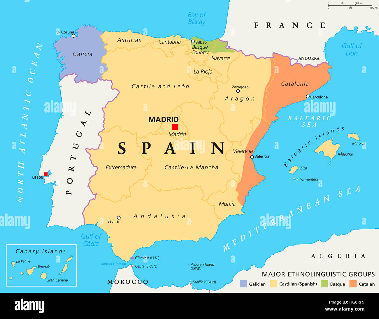 Spagna comunità autonome mappa, divisioni amministrative con autonomia limitata. Con i principali gruppi ethnolinguistic. Foto Stock