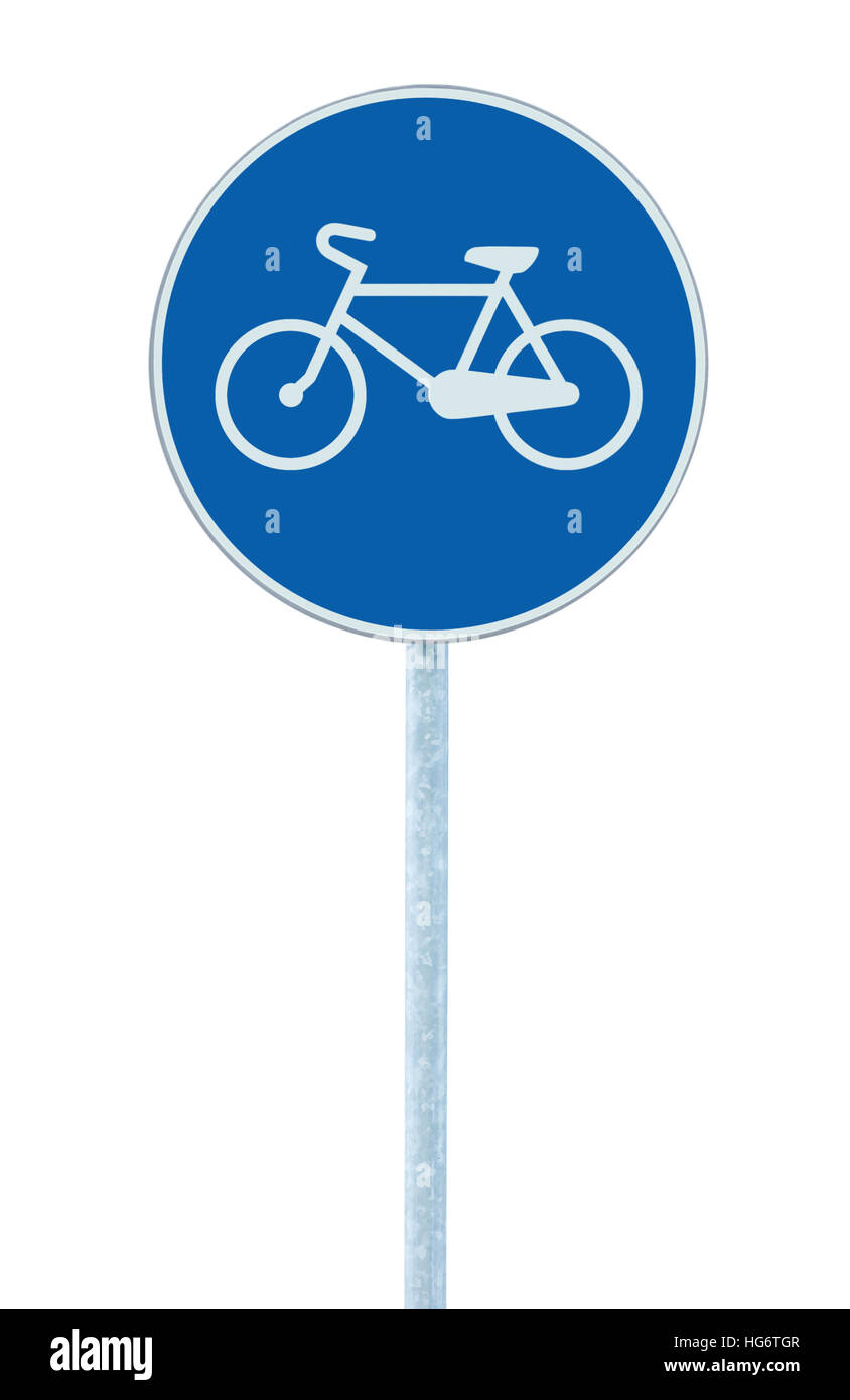 Pista ciclabile cartello stradale che indica il percorso in bicicletta,  grande rotonda blu isolato il traffico stradale segnaletica Foto stock -  Alamy