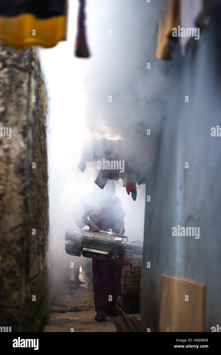 Lavoratore del Ministero della Salute indonesiano spray anti-zanzara nebbie a Giacarta, Indonesia. Foto Stock