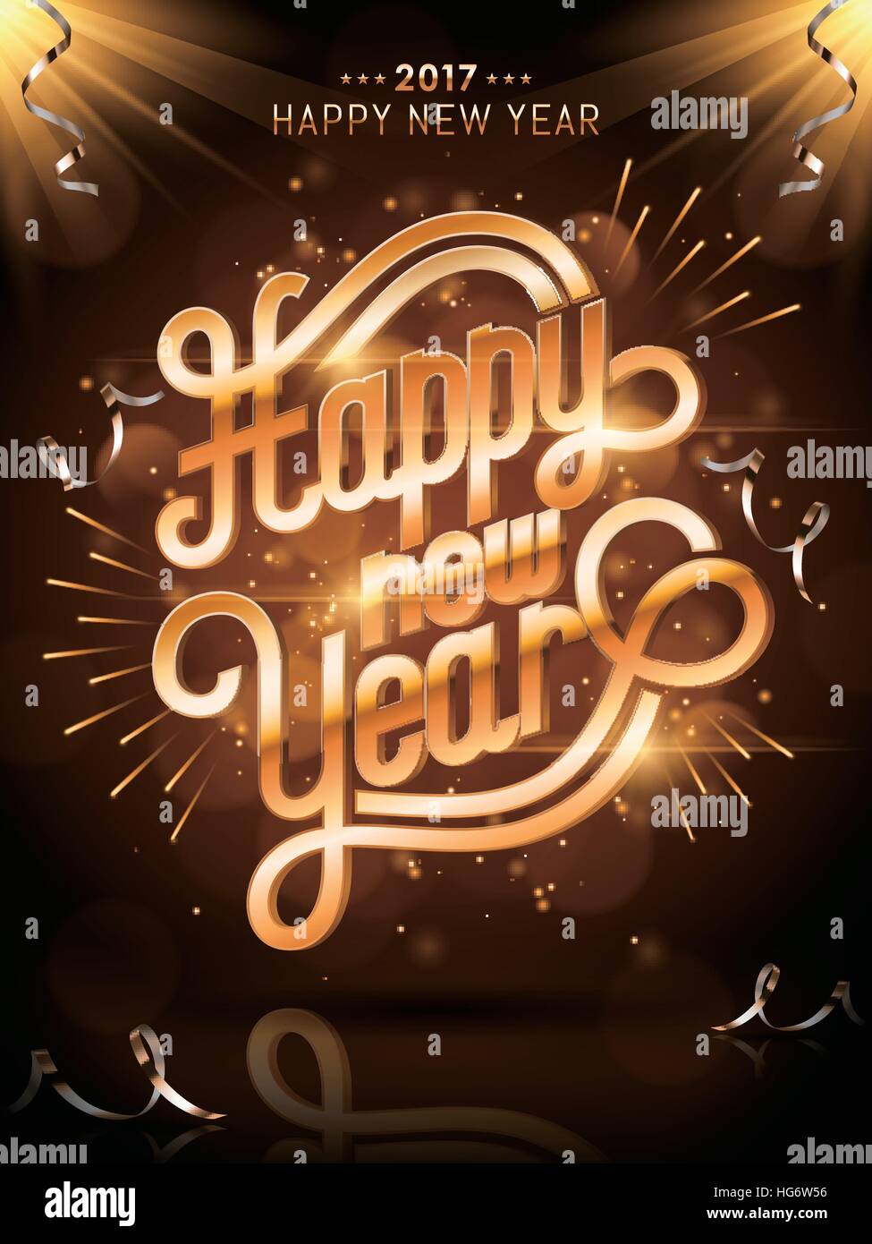 2017 Felice Anno Nuovo calligrafia, con golden fuochi d' artificio sfondo Illustrazione Vettoriale