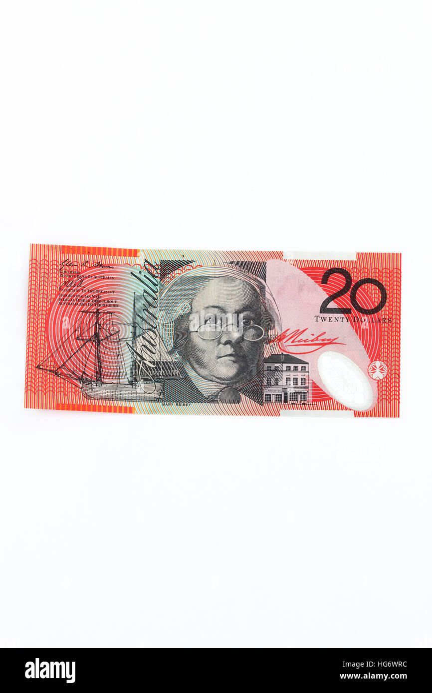 $20 dollaro australiano banca nota isolata contro uno sfondo bianco Foto Stock