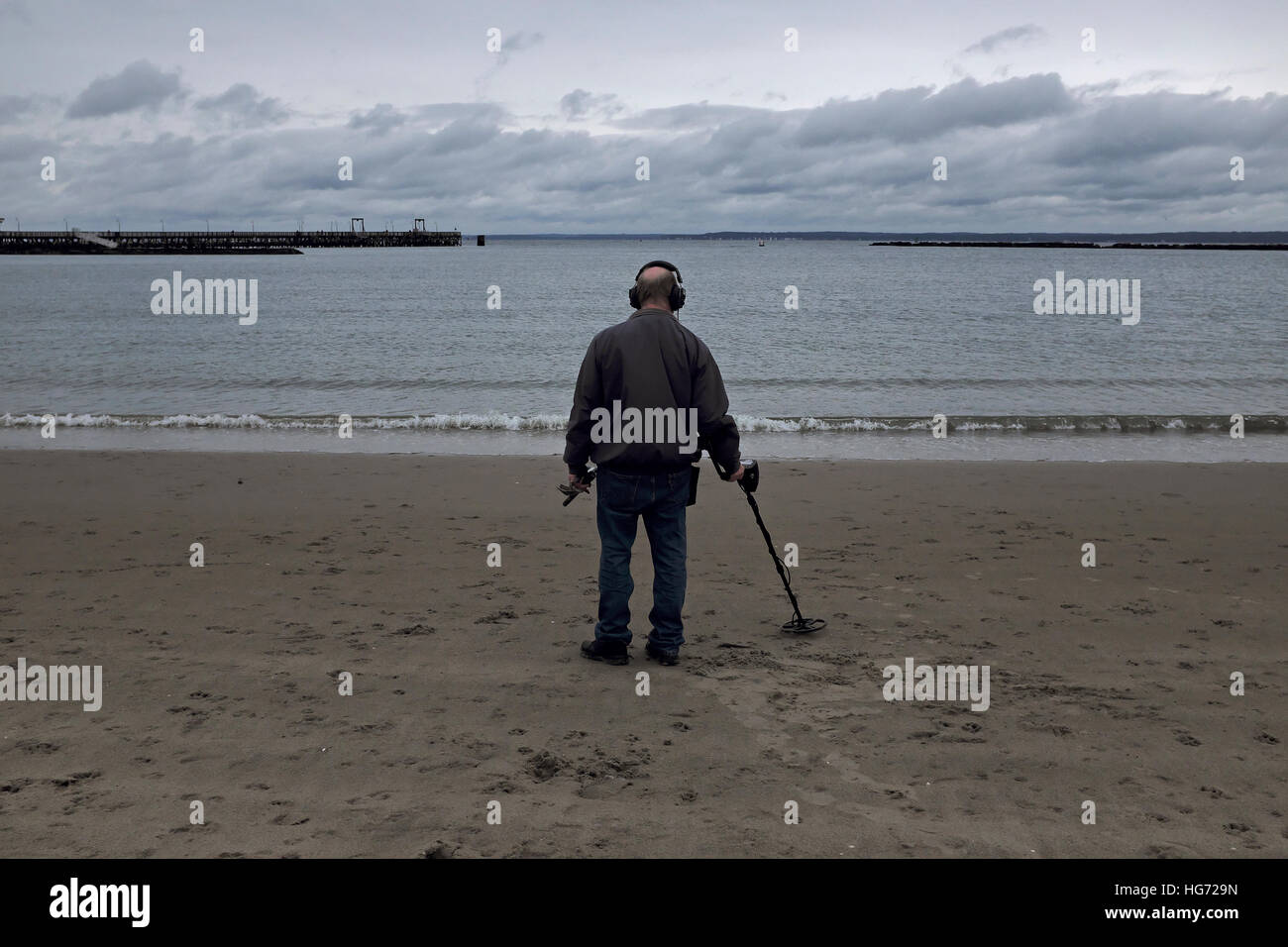 Segale, NY: un uomo utilizza un rivelatore di metalli per la ricerca di artefatti su una spiaggia. 10/9/16 Foto Stock