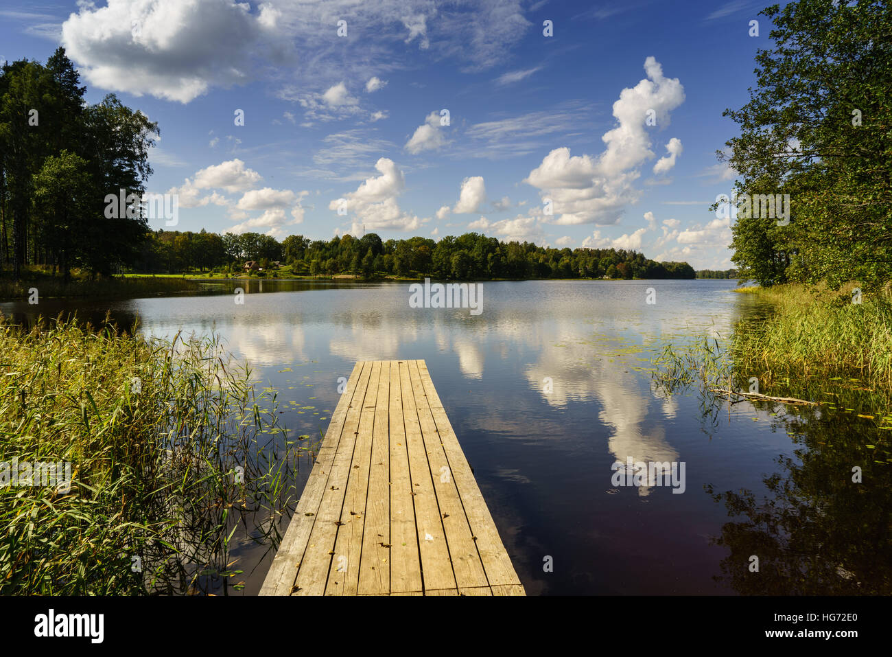 La riflessione di nuvole nel lago con Boardwalk e alberi in background Foto Stock