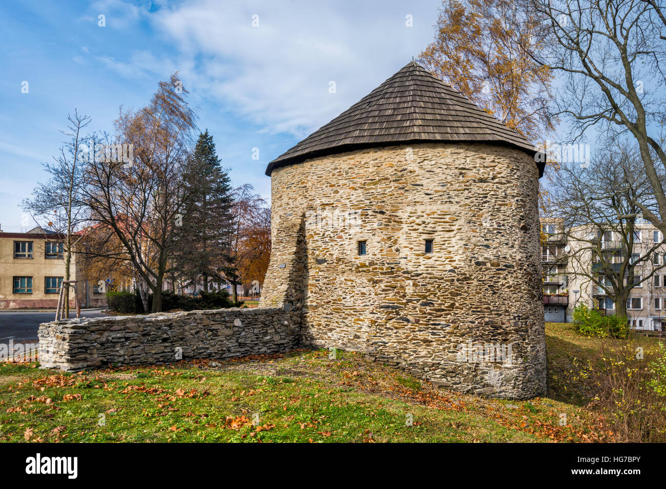 Torre medievale in Bruntal, Slesia Ceca, Regione Moravo-Slesiana, Repubblica Ceca Foto Stock