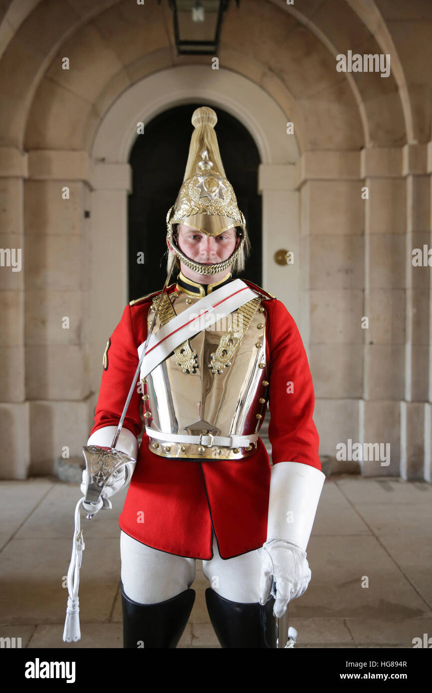 Ritratto di uomo in onore del costume di guardia in piedi in palace Foto Stock