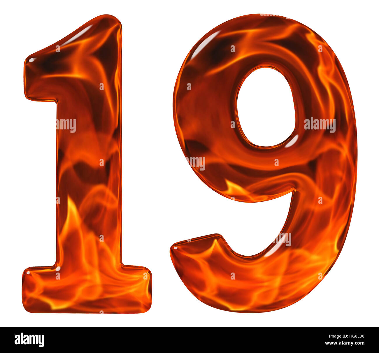 19, diciannove, il numero di lastre di vetro con una configurazione astratta di una fiamma di fuoco, isolati su sfondo bianco Foto Stock