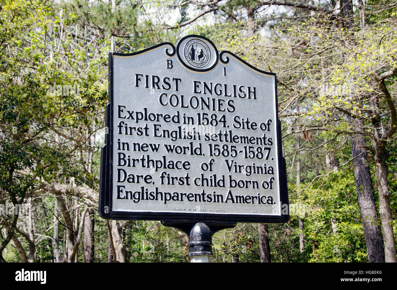 Primi coloni inglesi segno marcatore Isola Roanoke North Carolina Foto Stock