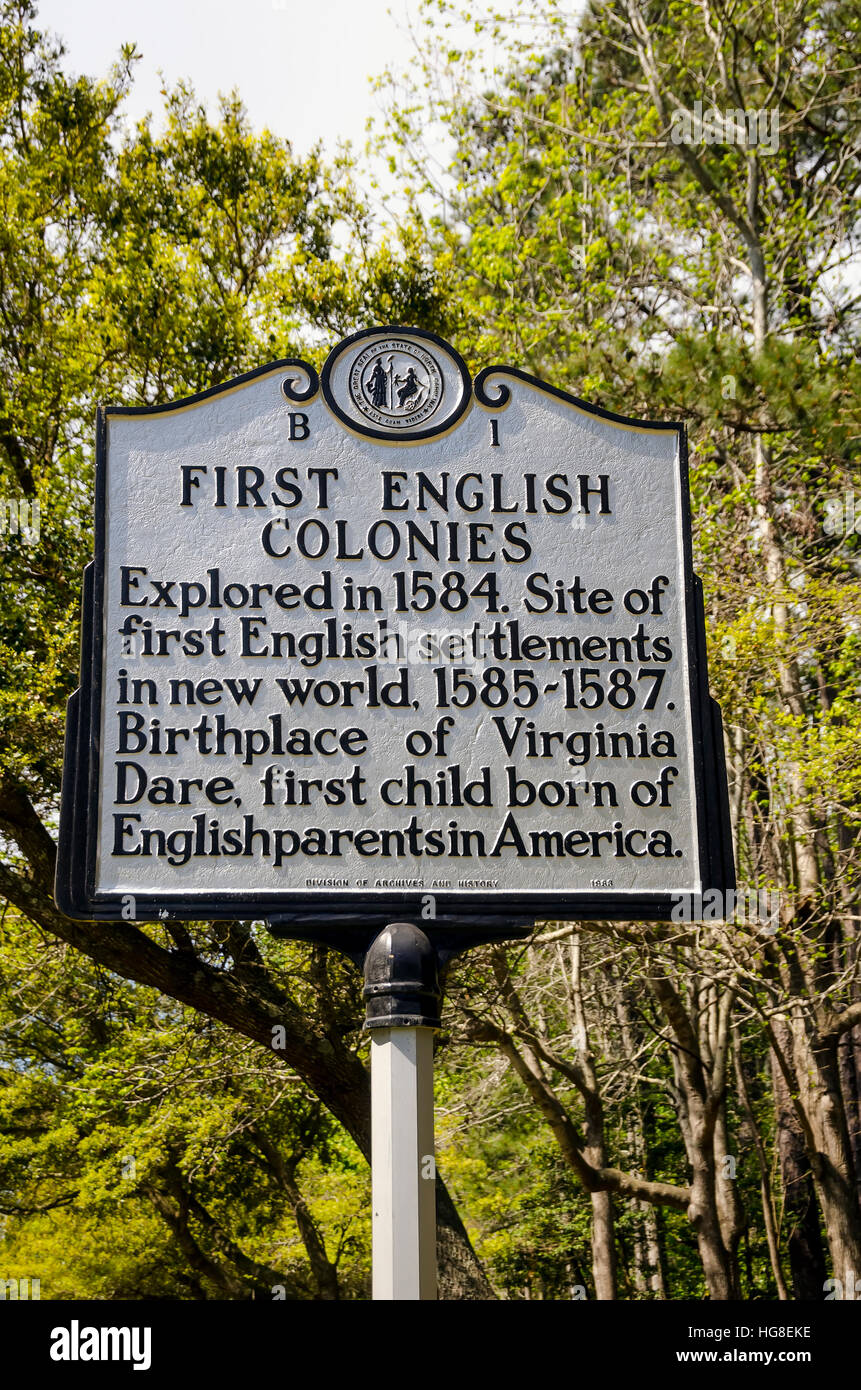 Primi coloni inglesi segno marcatore Isola Roanoke North Carolina Foto Stock