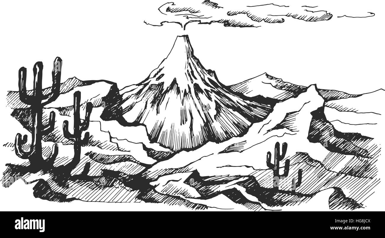 Schizzo di vettore paesaggio eruzione vulcanica di cactus e rocce. Illustrazione Vettoriale