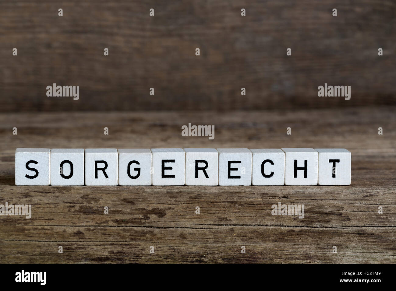 Parola tedesca di custodia, scritto in cubi su sfondo di legno Foto Stock