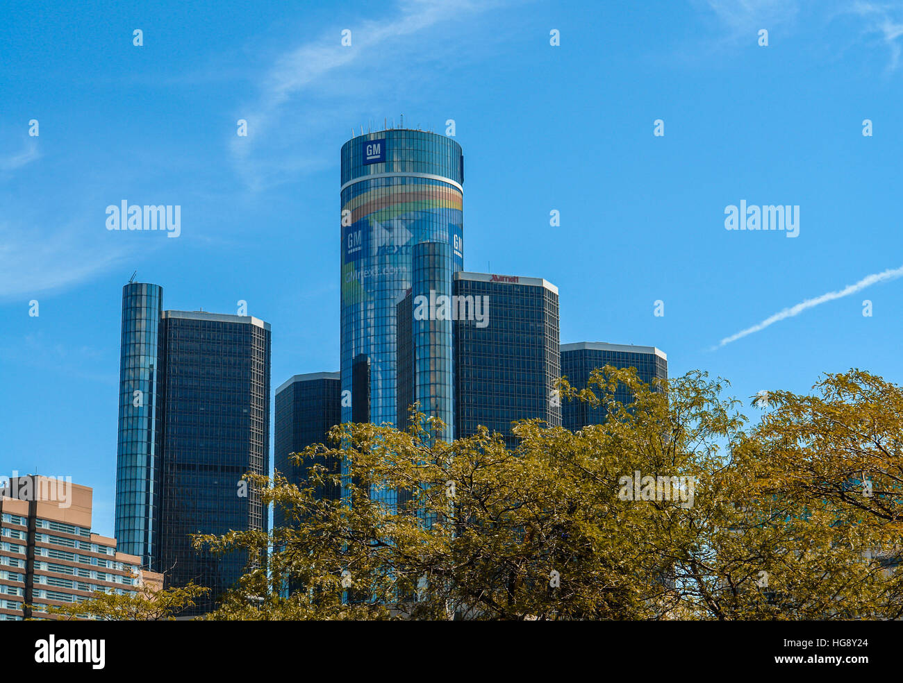 GM Renaissance Center, Rencen a Detroit, Michigan, Stati Uniti d'America - General Motors edificio della sede centrale Foto Stock