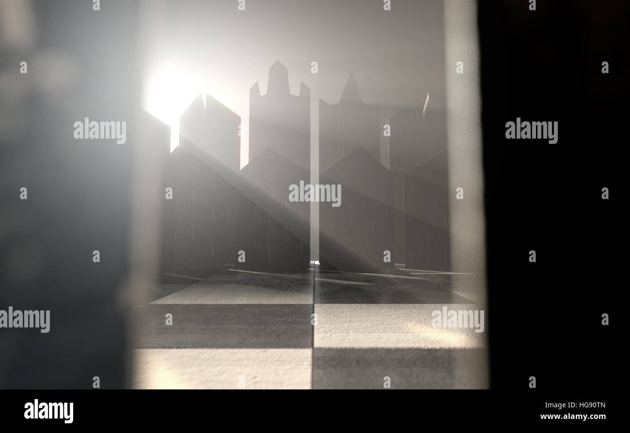 Un 3D rendering di un moderno minimalista set di scacchi all'inizio di un gioco su un sfondo isolato Foto Stock