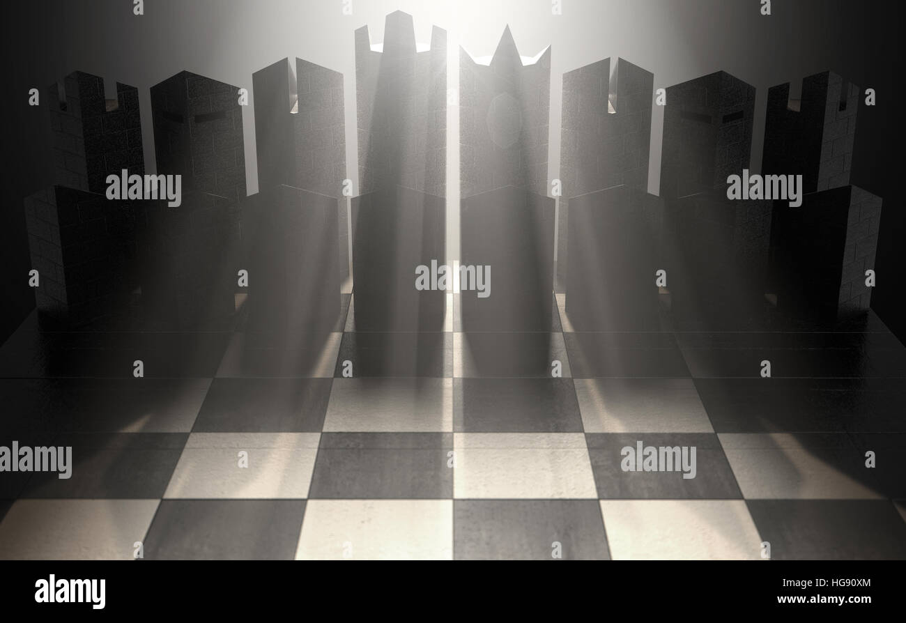 Un 3D rendering di un moderno minimalista set di scacchi all'inizio di un gioco su un sfondo isolato Foto Stock