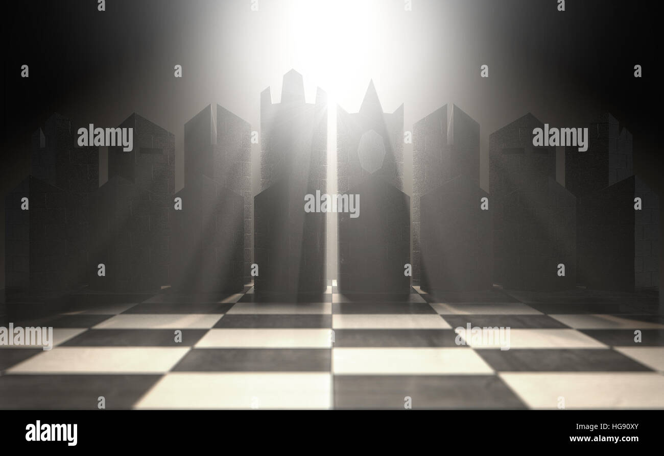 Un 3D rendering di un moderno minimalista set di scacchi all'inizio di un gioco su un sfondo isolato Foto Stock