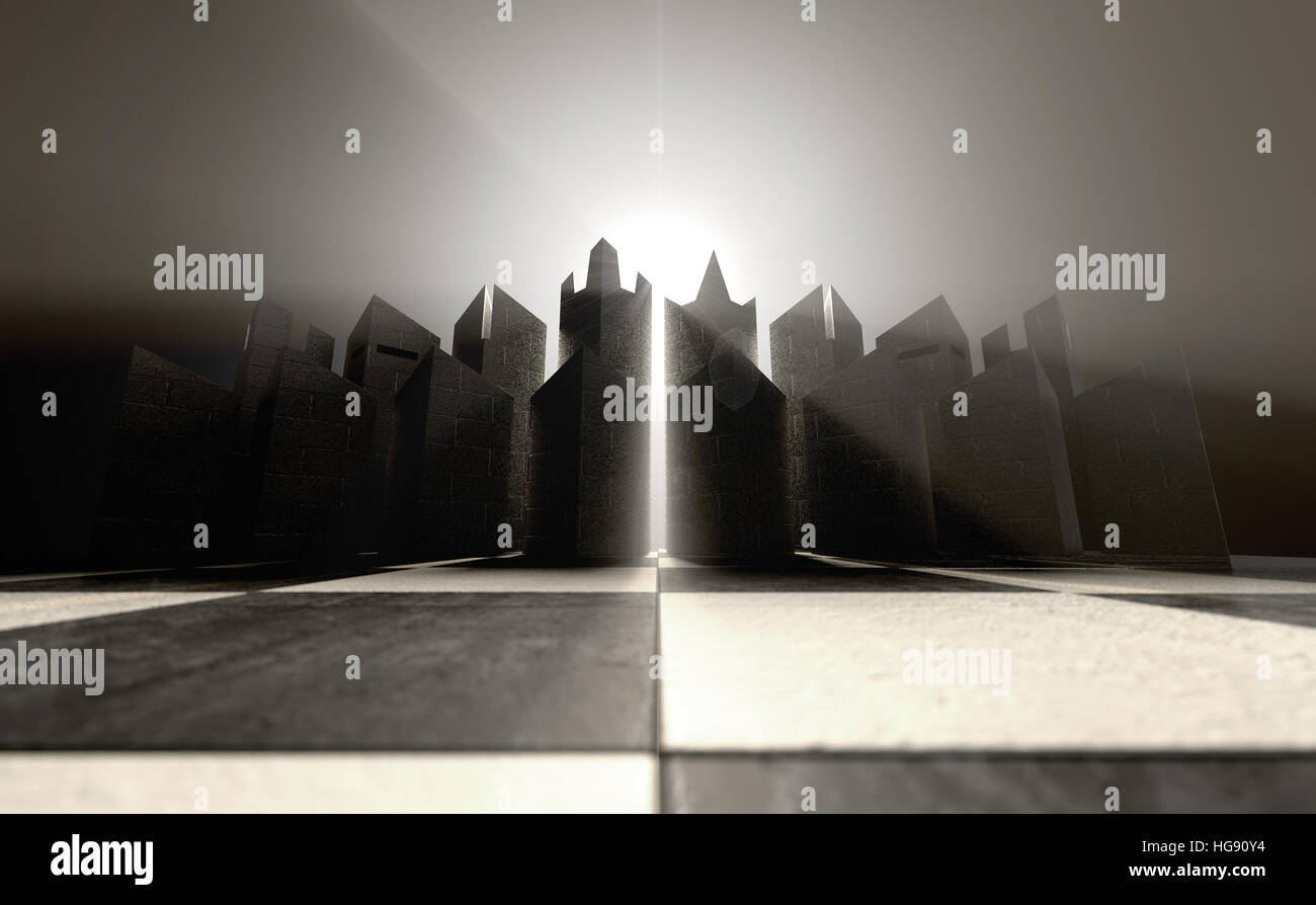Un 3D rendering di un moderno minimalista set di scacchi all'inizio di un gioco su un sfondo isolato Foto Stock