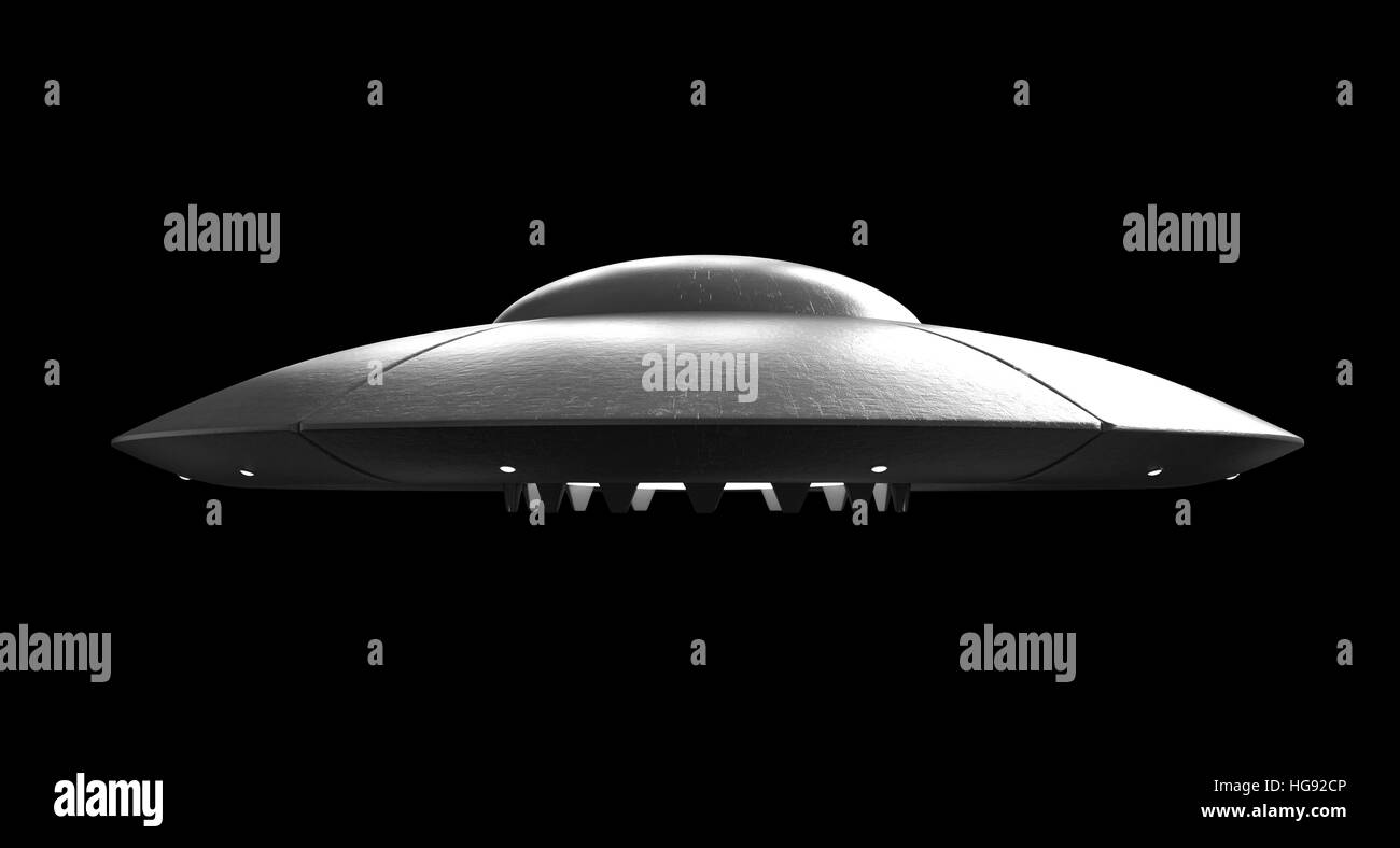 3D render di Flying Saucer isolate su sfondo nero Foto Stock