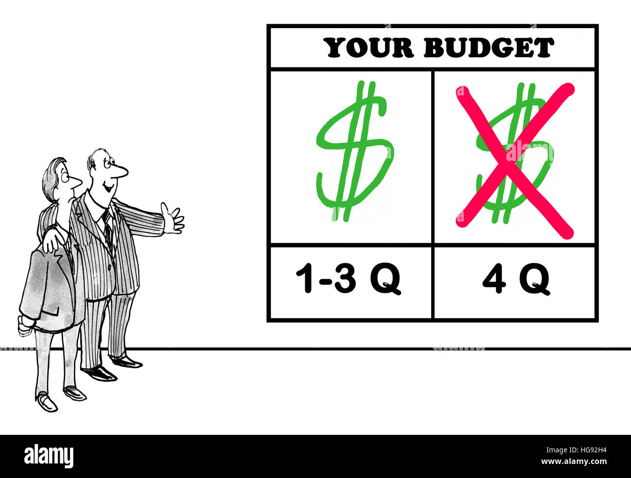 Business cartone animato che mostra la mancanza di fondi di bilancio disponibili nel quarto trimestre. Foto Stock