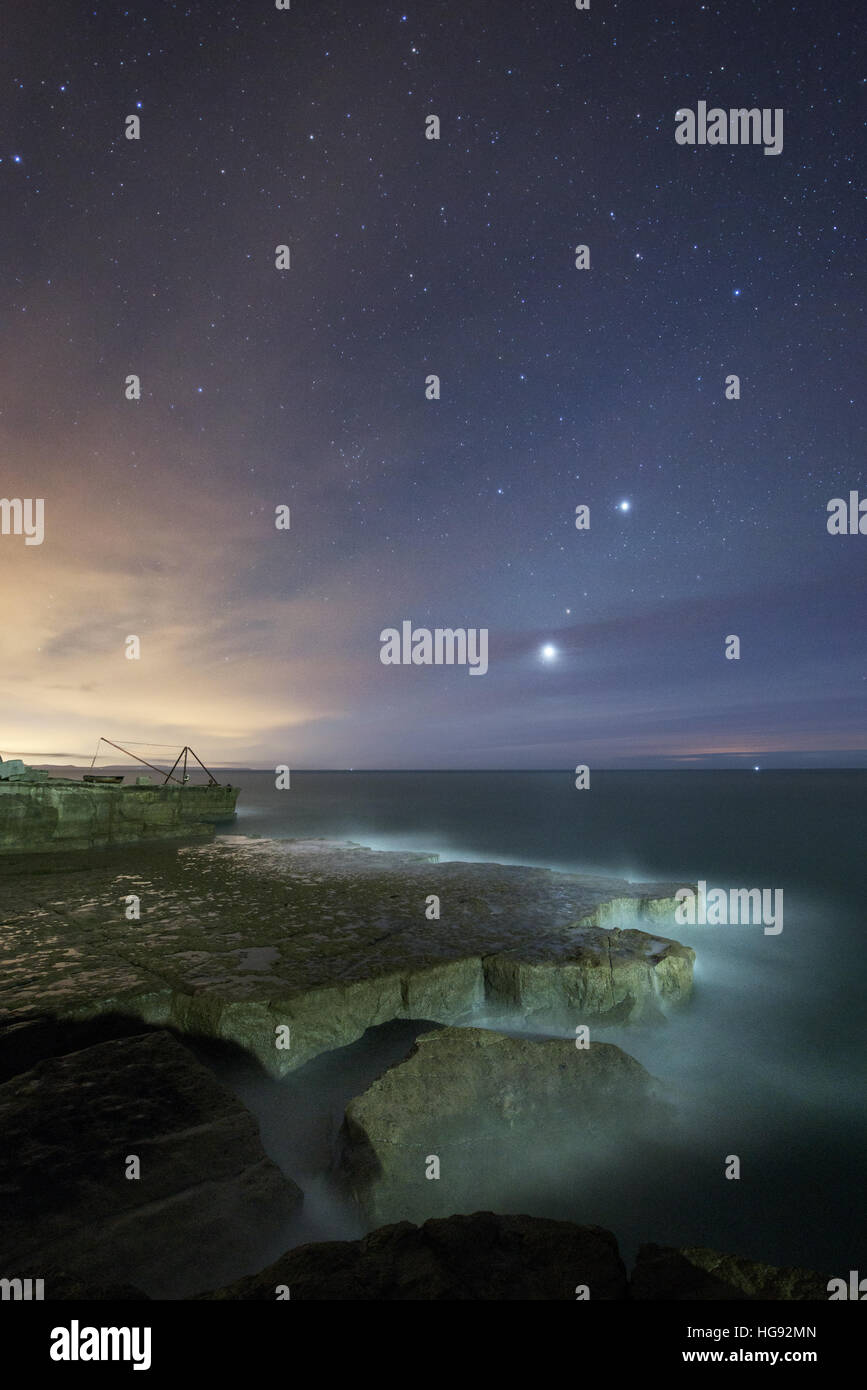 Venere e Marte Giove allineare sulla isola di Portland Foto Stock