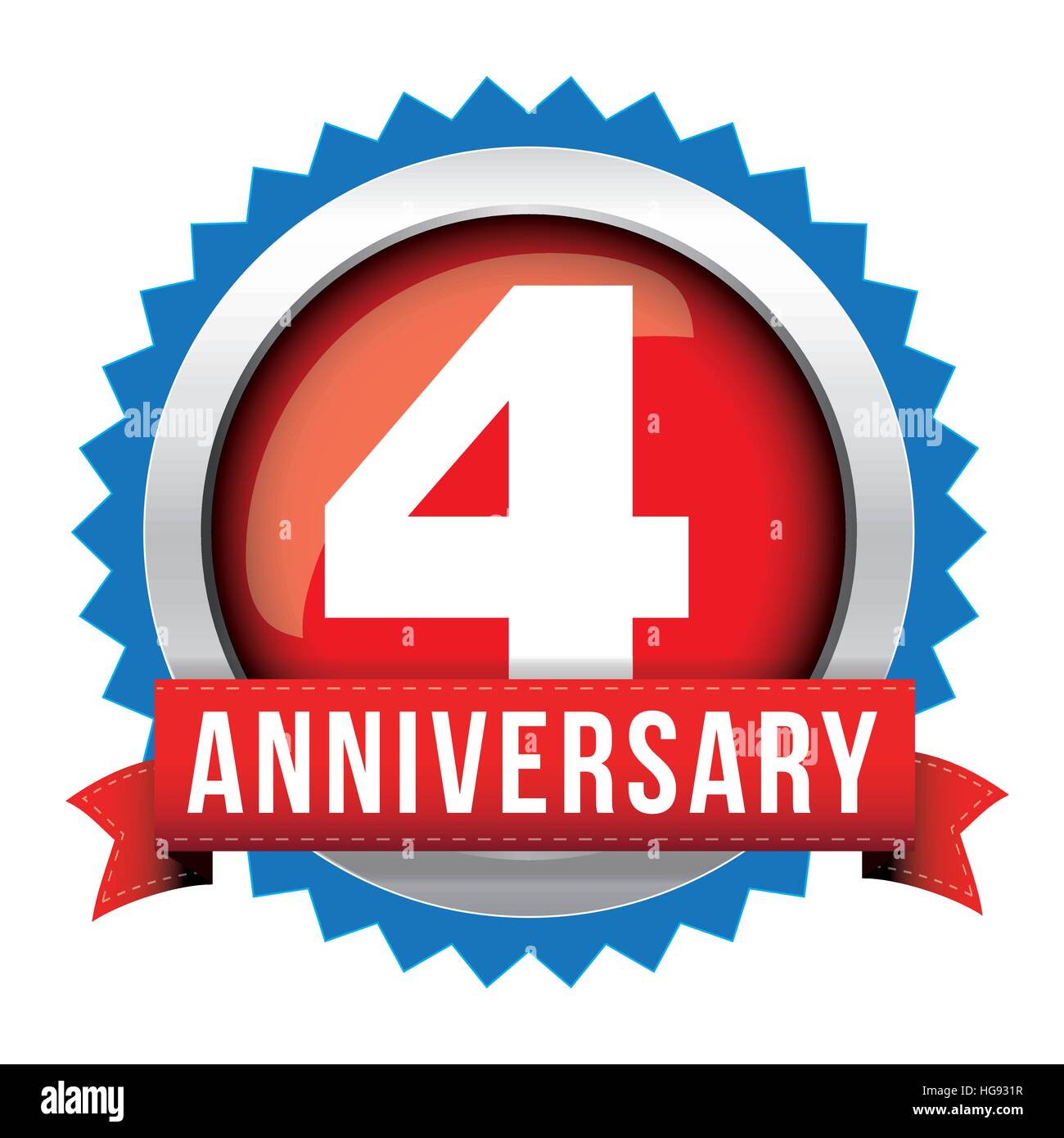 Quattro anni di anniversario il badge con nastro rosso Illustrazione Vettoriale