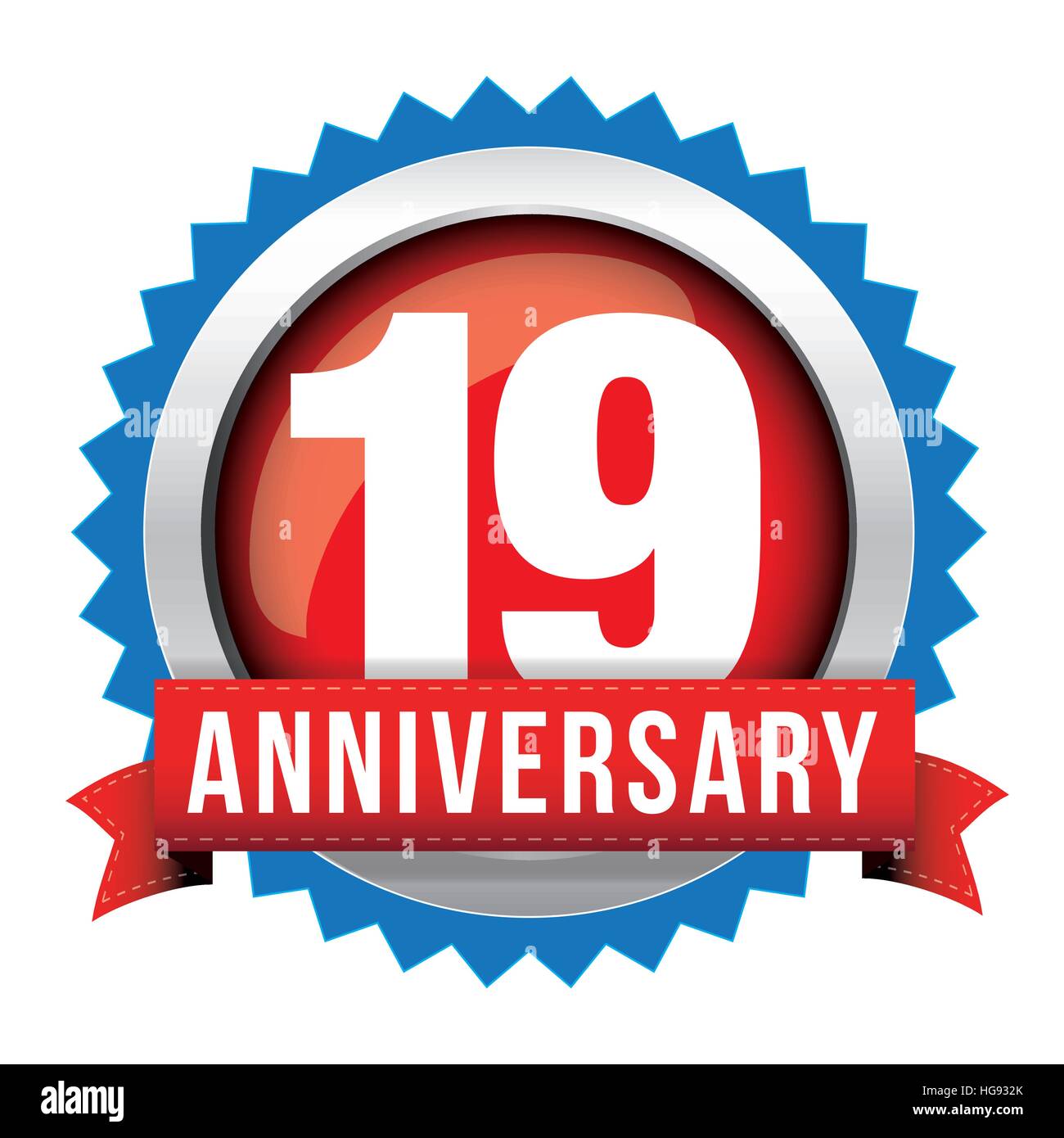 Diciannove anni di anniversario il badge con nastro rosso Illustrazione Vettoriale