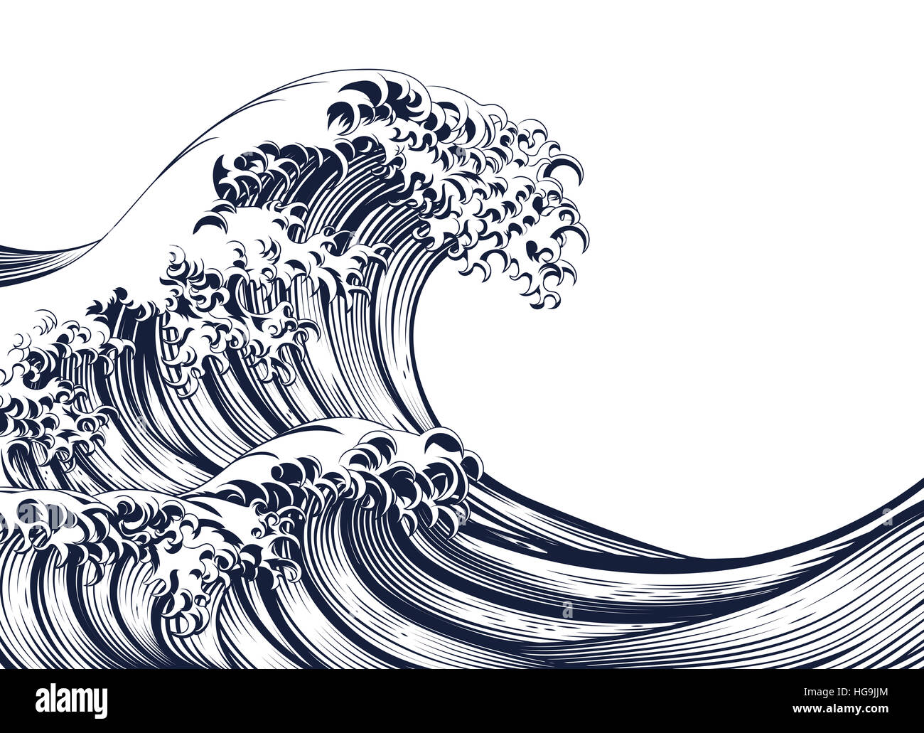 Un giapponese orientali grande onda in un vintage retrò attacco inciso xilografia style Foto Stock