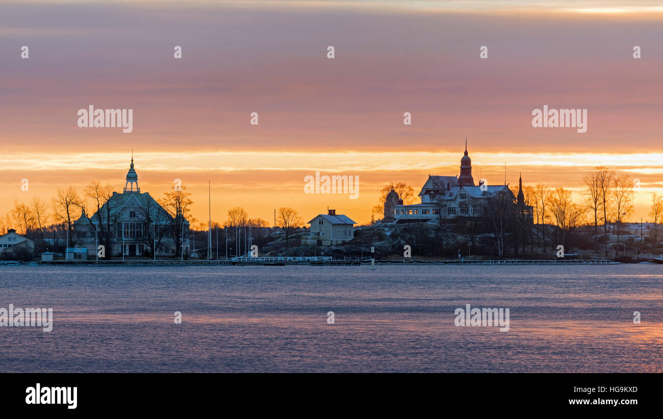 Sunrise vista Luoto Klippan isola porto di Helsinki Finlandia Foto Stock