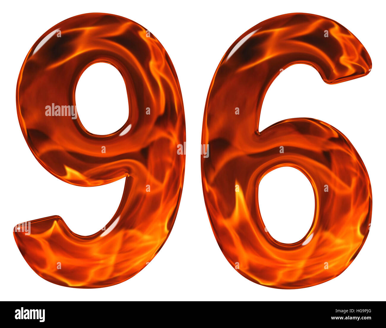 96, novantasei, numero, imitazione vetro e un fuoco ardente, isolato su sfondo bianco Foto Stock