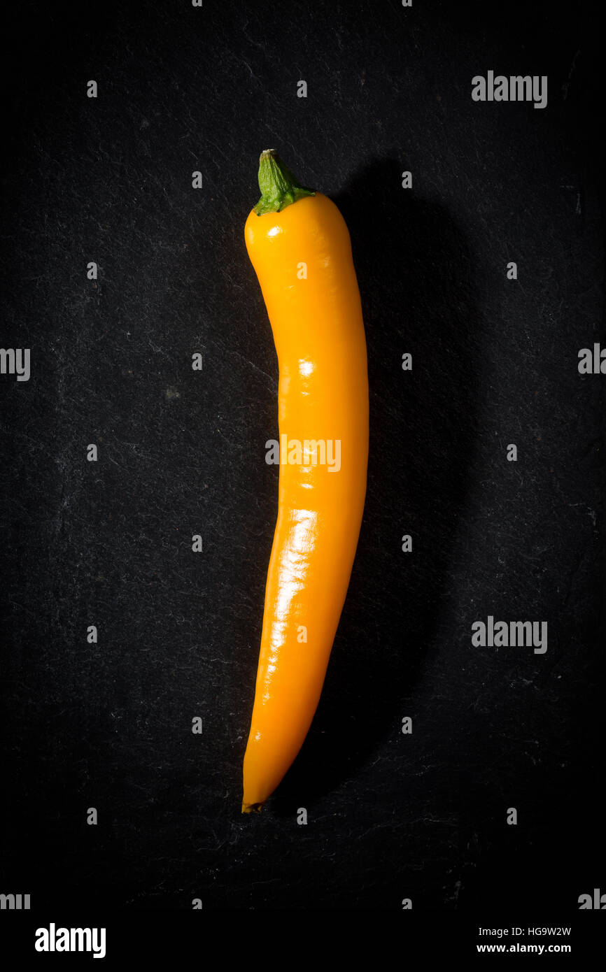 Giallo peperoncini piccanti sul nero ardesia sfondo. Flatlay, vista da sopra, primo piano. Foto Stock