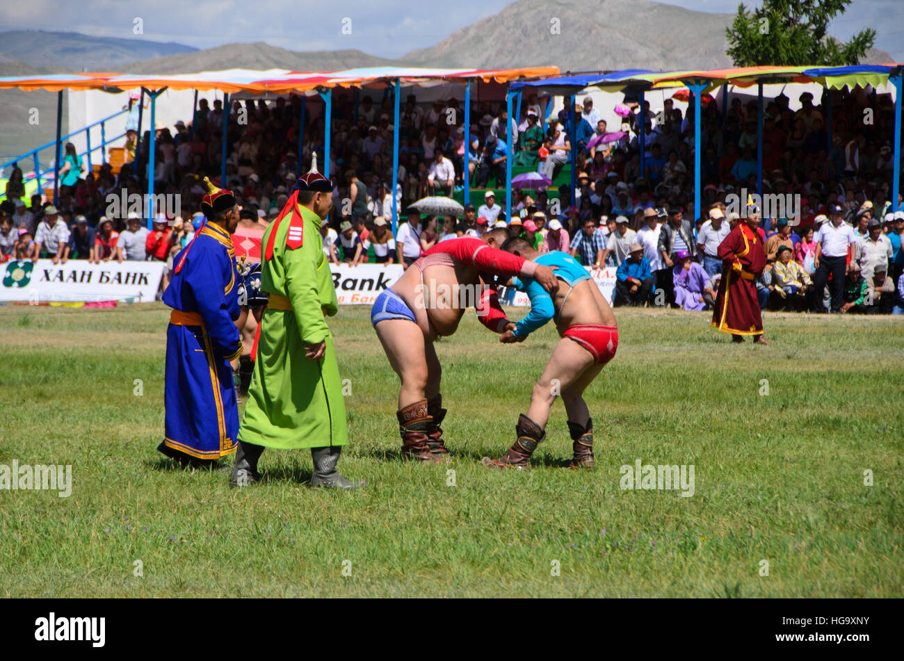 Wrestling, uno dei tre giochi di Nadaam a Moron. Foto Stock
