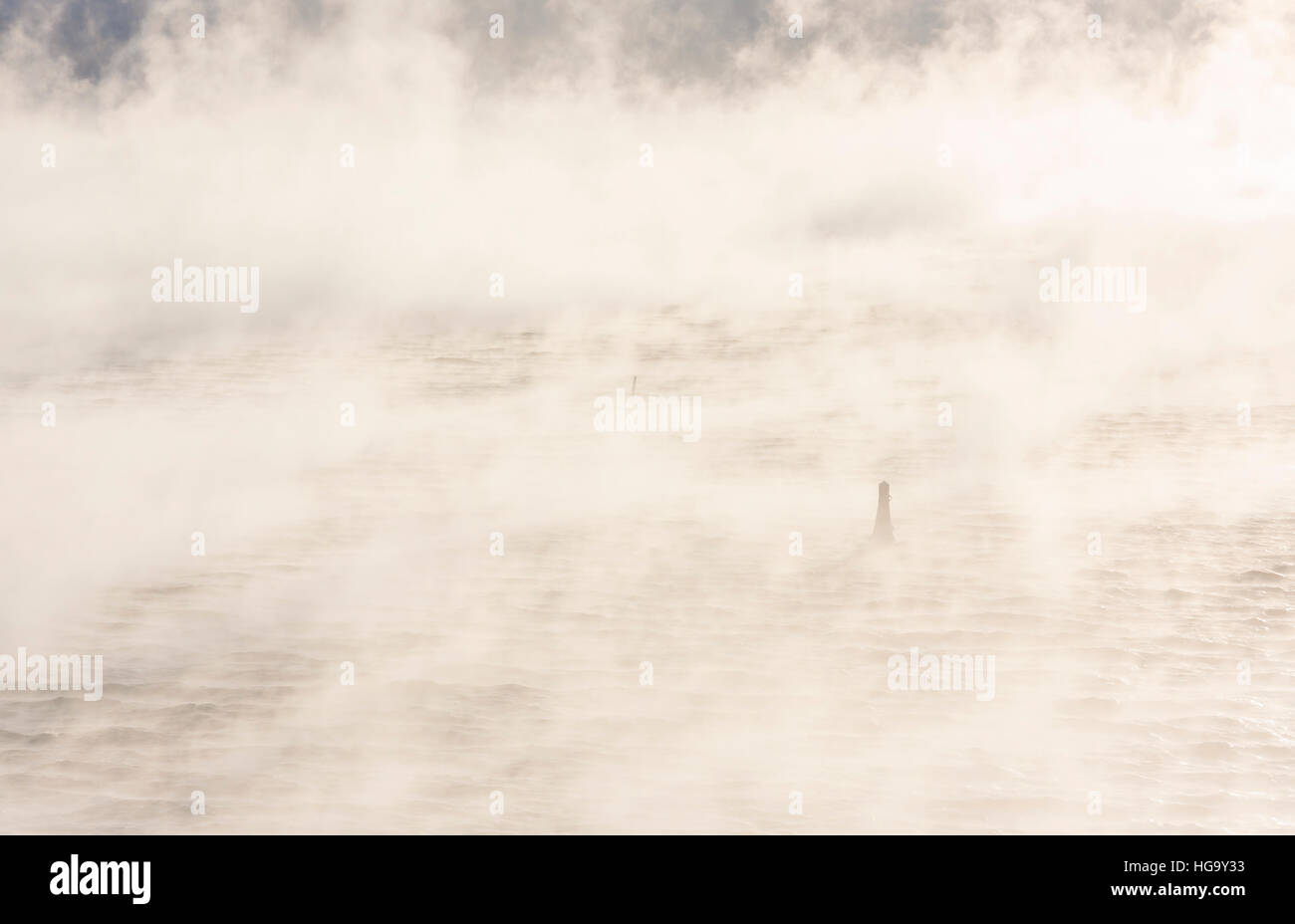 Marine di piccole dimensioni di boa o marchio del mare in una zona molto nebbioso vaporing mare in inverno Foto Stock
