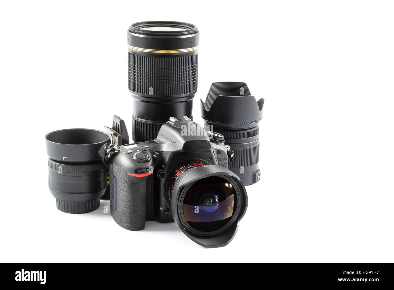 Professional fotocamera DSLR e varie lenti Foto Stock