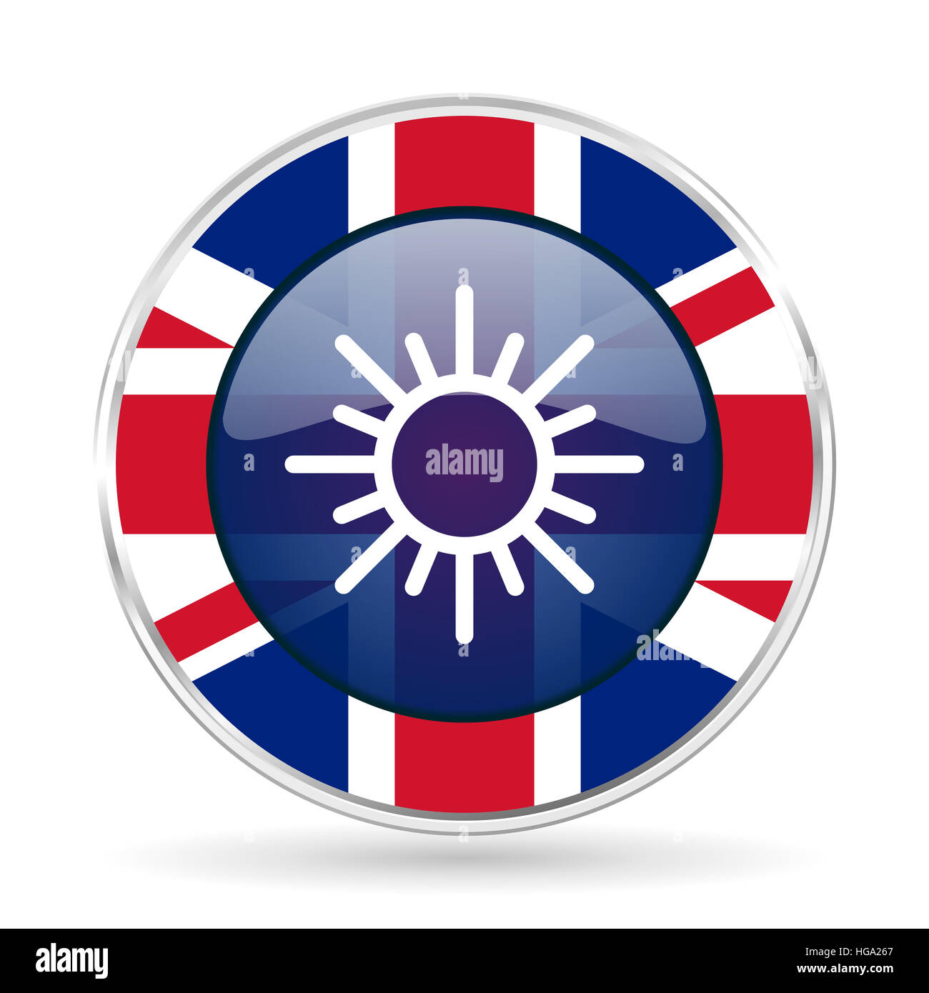Sun design britannico icona - round argento metallico pulsante di confine con la Gran Bretagna bandiera Foto Stock