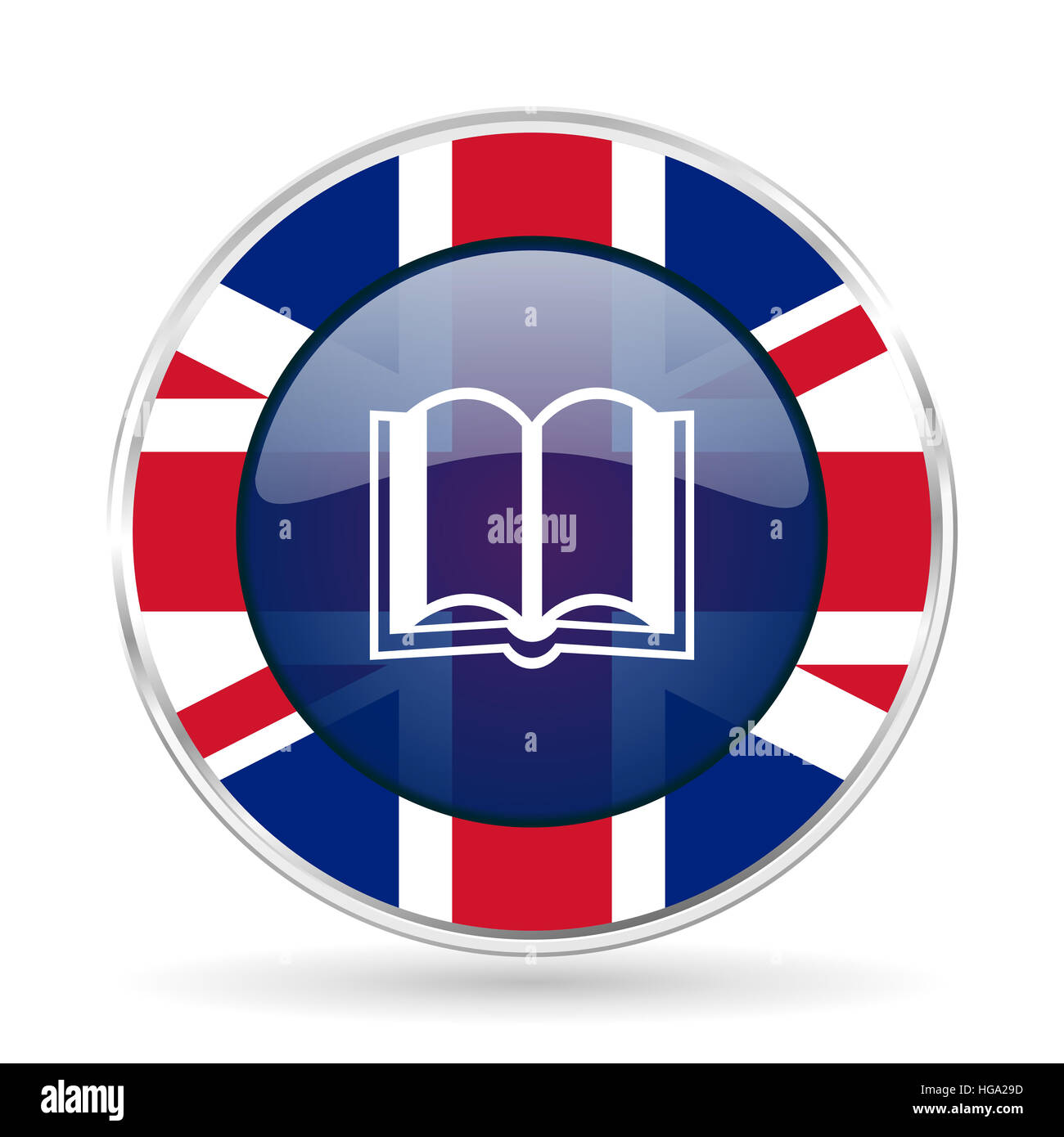 Prenota il design britannico icona - round argento metallico pulsante di confine con la Gran Bretagna bandiera Foto Stock