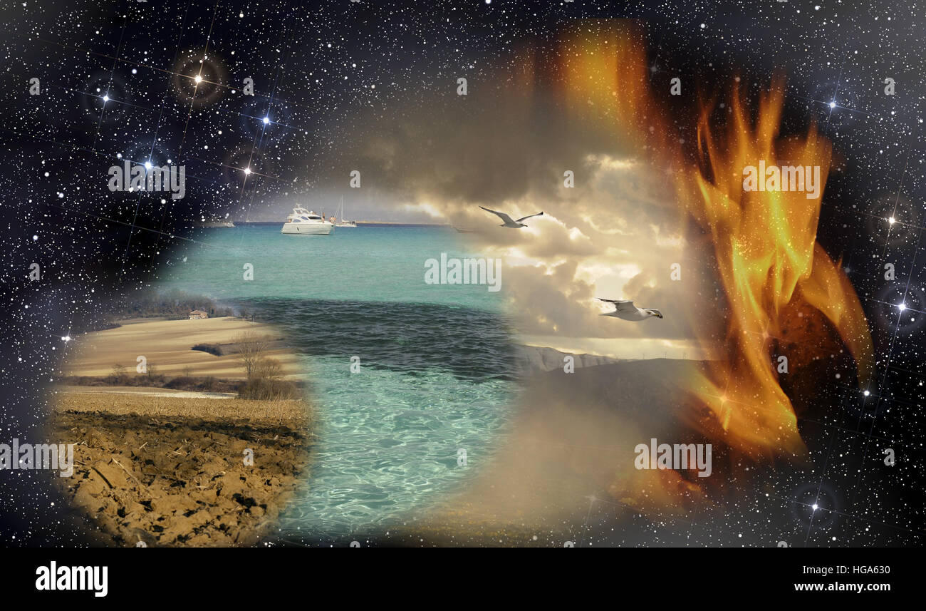 I quattro elementi primordiali come sono stati definiti dagli antichi filosofi greci nell'etere: terra, acqua, aria e fuoco. Foto Stock
