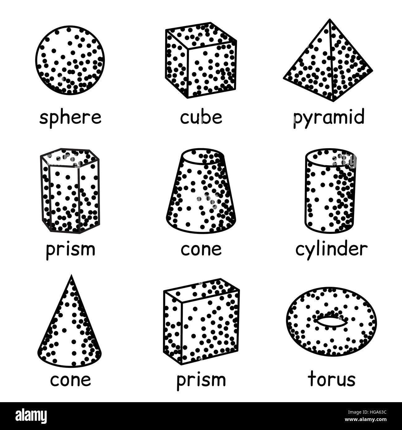 Abstract gradiente dotwork halftone. I solidi geometrici insieme con i punti neri. Elementi di sfondo grunge. Illustrazione Vettoriale