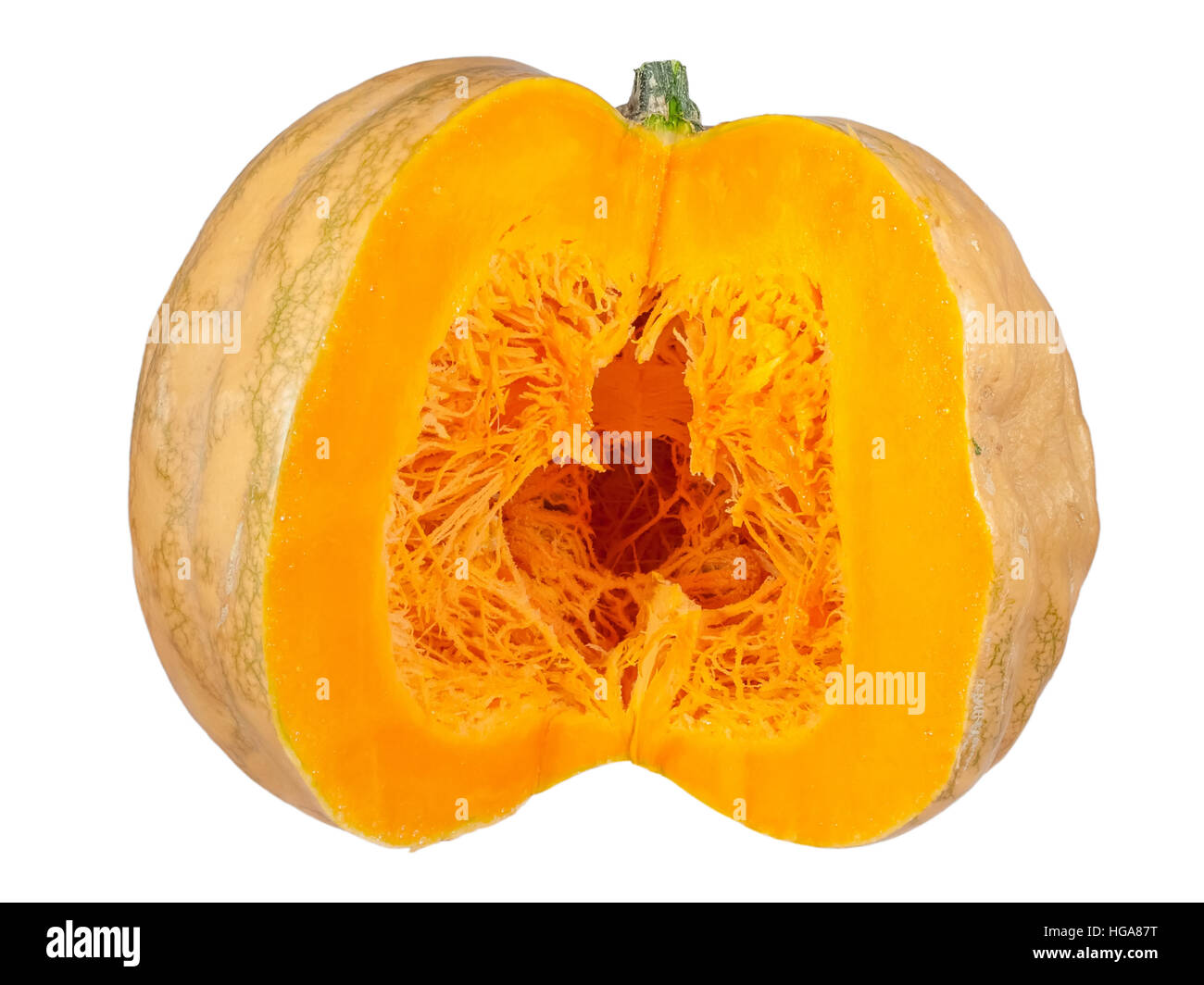 Big round arancione zucca tagliate a metà isolato su sfondo bianco. Foto Stock