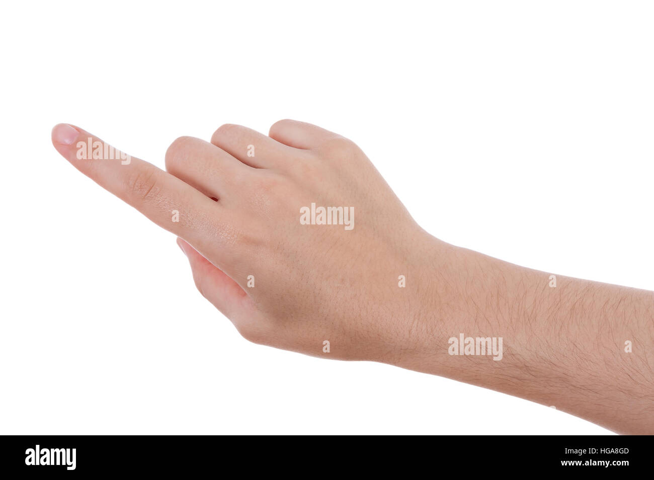 Puntamento a mano, toccando o premendo isolati su sfondo bianco. Femmina caucasica. Foto Stock